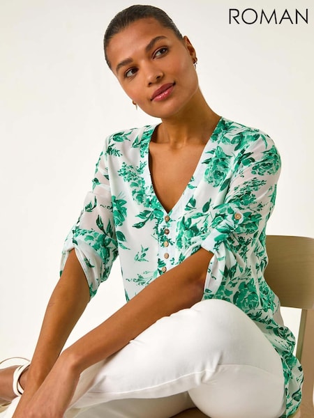 Roman Green Floral Print V-Neck Button Front Top (F34432) | €45