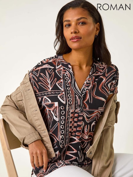 Roman Natural Textured Ikat Print Stretch Top (F34435) | €45