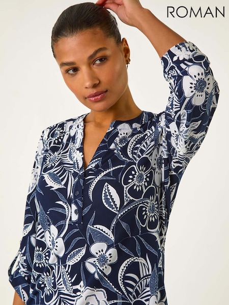 Roman Textured Floral Print V-Neck Stretch Shirt (F34444) | €63