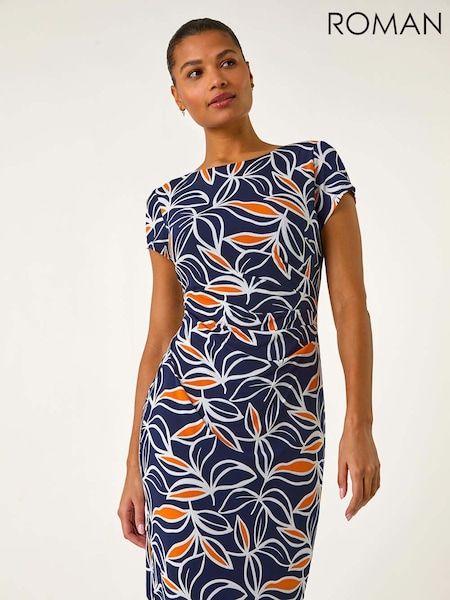 Roman Orange Leaf Print Puff Stretch Midi Dress (F34448) | €60
