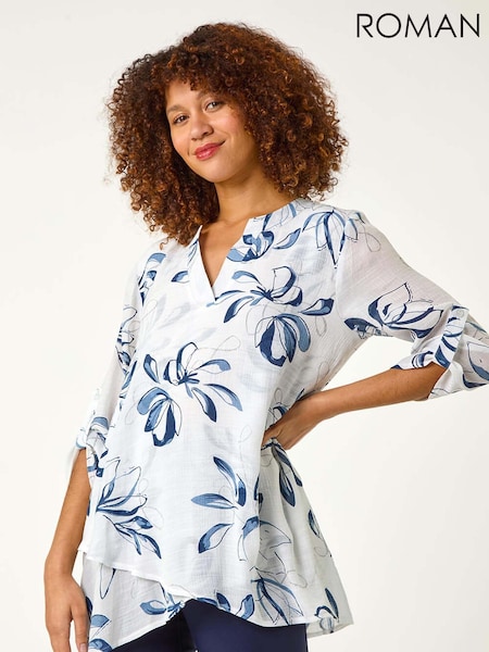Roman Blue/White Floral Print Pleat Front Top (F34451) | €53