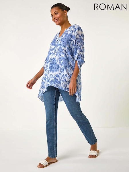 Roman Sky Blue Floral Print Pleat Front Top (F34453) | 260 QAR