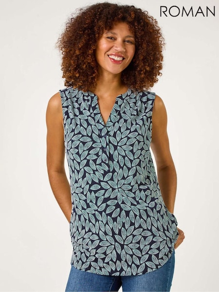 Roman Blue Textured Leaf Print Stretch Top (F34457) | 1,923 UAH