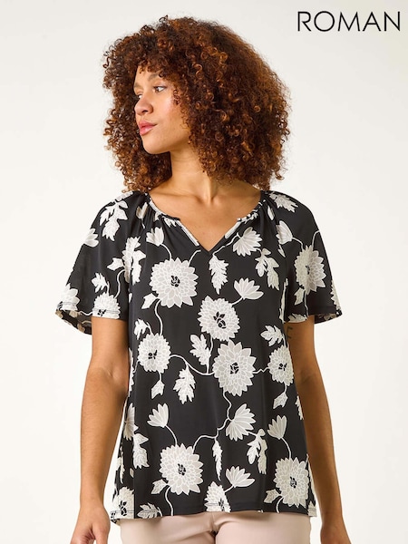 Roman Black Textured Floral Print V-Neck Stretch Top (F34459) | €40