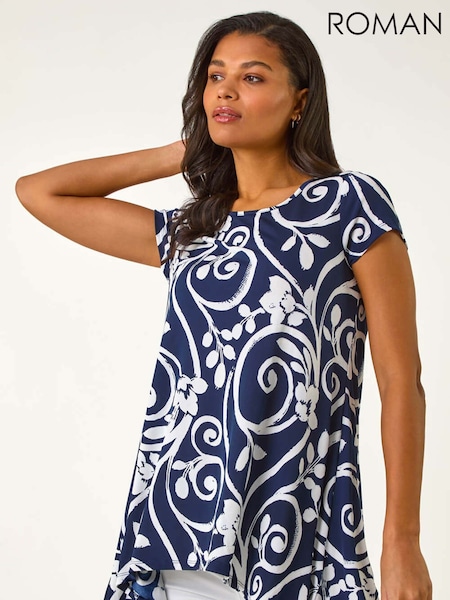 Roman Blue Floral Print Hanky Hem Tunic Top (F34460) | AZN 98