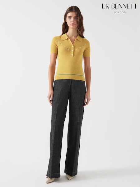 Lk Bennett Yellow Fiona Cotton Blend Collar Stripe Floral Print Knit Top (F34477) | ‏749‏₪