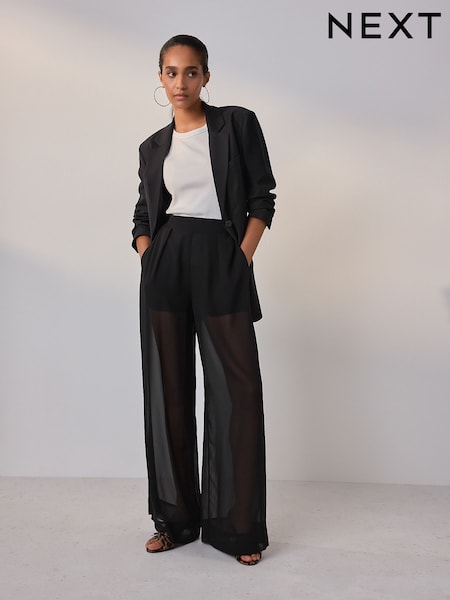 أسود - Sheer Wide Leg Trousers With Shorts Lining (F34486) | ‏189 د.إ.‏