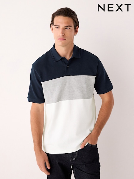Navy Blue/Grey 100% Cotton Short Sleeve Button Up Block Polo Shirt (F34504) | €26