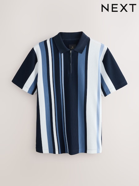 Blue Navy Vertical Stripe Quarter Zip Polo Shirt (F34516) | AED140