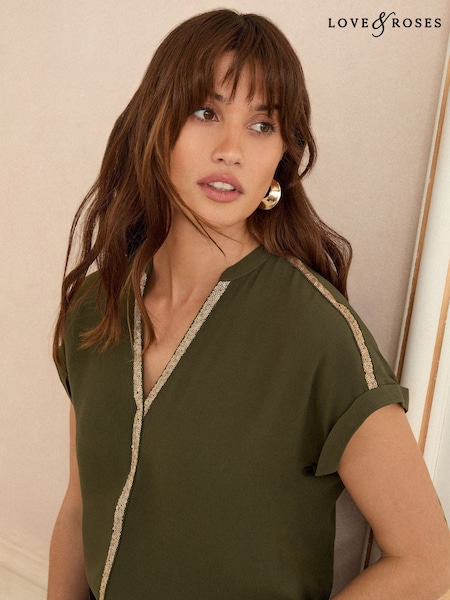 Khaki Sequin Trim - Love & Roses Sequin V-Neck Blouse (F34517) | ‏233 د.إ.‏