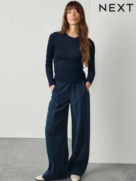 Navy Side Stitch Wide Leg Trousers (F34556) | €54