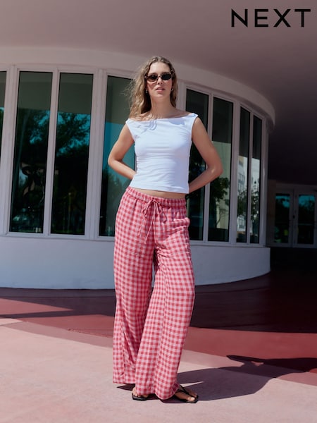 Pink/Red Gingham Pull On Wide Leg Trousers with Linen (F34582) | €37