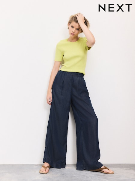 Dark Blue Lightweight Denim Pull On Wide Leg Trousers (F34619) | €49.50