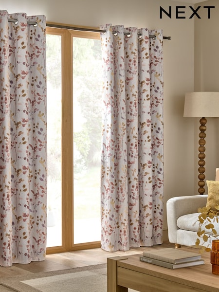 Natural/Orange Honesty Leaf Floral Print Blackout/Thermal Eyelet Curtains (F34678) | AED231 - AED509