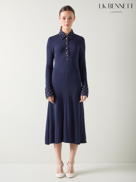 LK Bennett Blue Rita Viscose Jersey Dress With Spot Trim (F34701) | €282