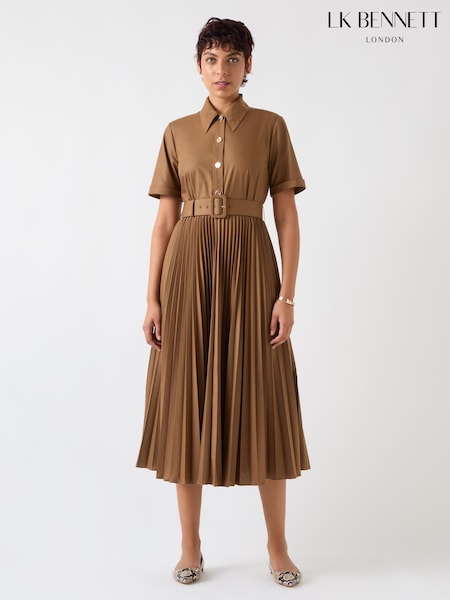 LK Bennett Brown Cally Mocha Pleated Cotton Shirt Dress (F34706) | ₪1,252