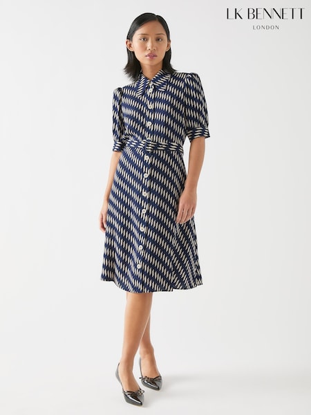 LK Bennett Blue Petite Valerie Spring Birch Viscose Printed Viscose Shirt Dress With Belt (F34737) | 1,480 QAR