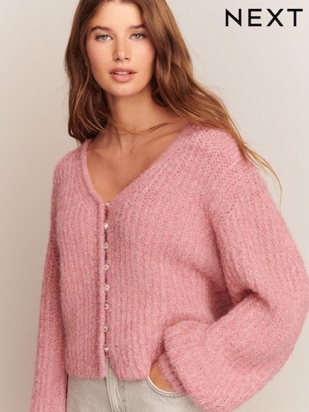 Blush Pink Gem Button Relaxed Cardigan With Wool (F34749) | AED151