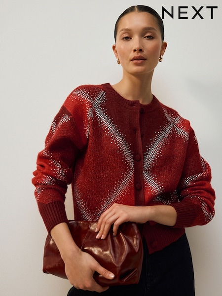Vermelho - Sparkle Argyle Crew Neck Cardigan With Wool (F34826) | R$ 400