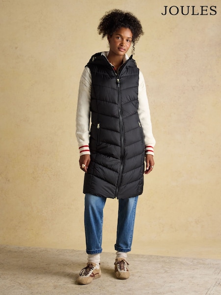 Preto - Joules Moorsdale Longline Showerproof Padded Gilet (F34905) | R$ 780