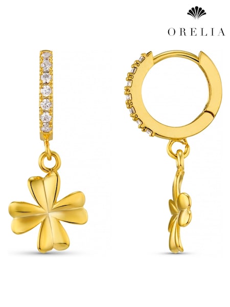 Orelia London Gold Tone Lucky Clover Charm Pave Hoop Earrings (F34938) | €35