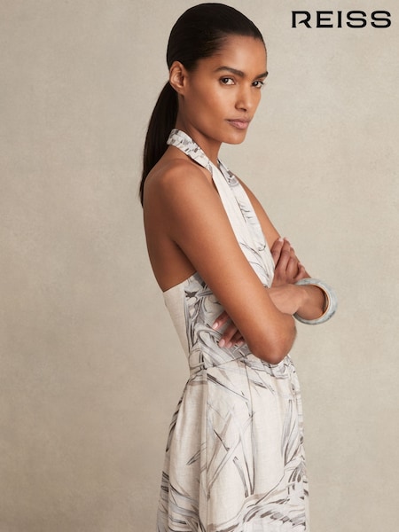 Reiss Neutral Carla Linen Palm Print Halterneck Midi Dress (F34986) | €245