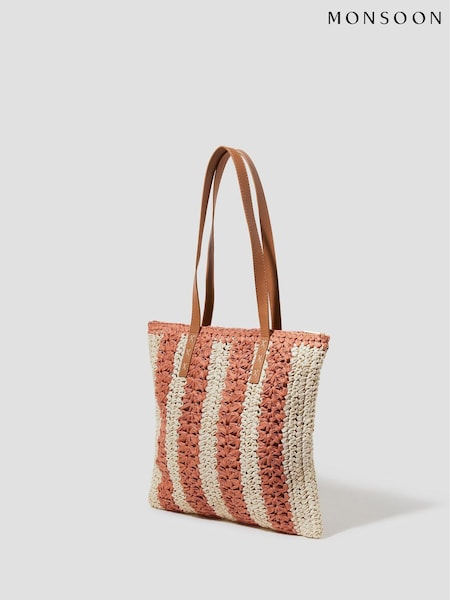 Monsoon Natural Lola Stripe Raffia Crochet Tote Bag (F35092) | €50