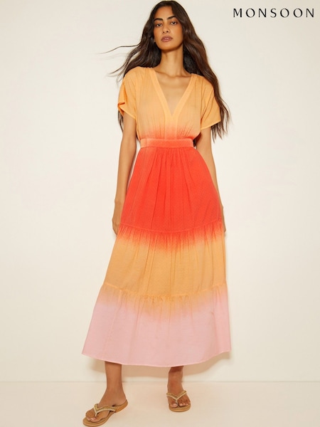 Monsoon Orange Maya Dip Dye Tiered Midi Dress (F35107) | $146
