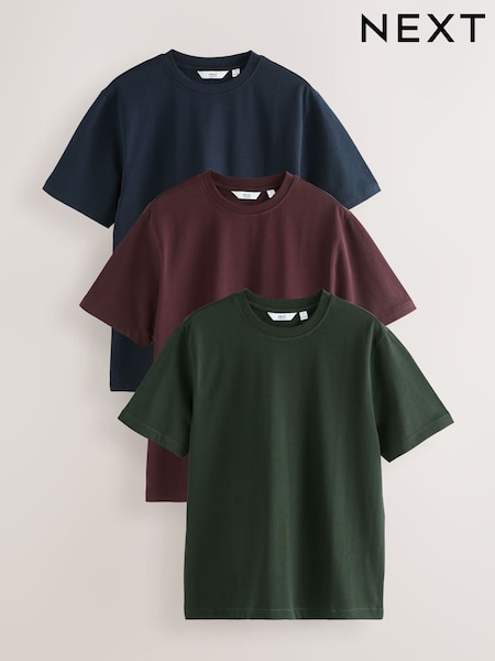 Navy Blue/Green/Burgundy Red Relaxed Fit Heavyweight T-Shirts 3 Pack (F35127) | AED197