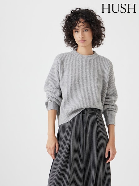 Gri - Hush Tie and Buckle Detail Textured Knitted Jumper (F35255) | 573 LEI