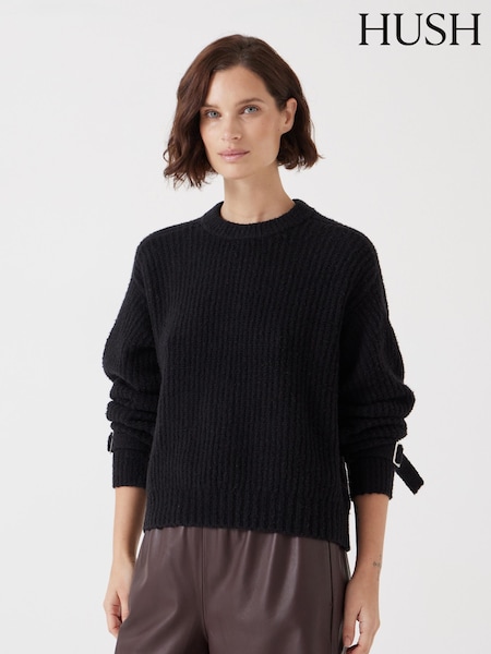 Negru - Hush Tie and Buckle Detail Textured Knitted Jumper (F35262) | 573 LEI