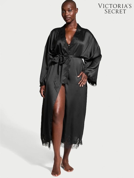 Victoria's Secret Black Satin Lace Trim Open Back Robe (F35263) | €60
