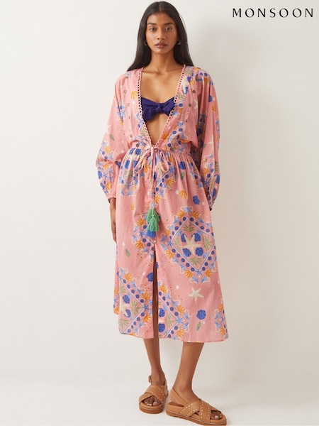 Monsoon Pink Mabel Shell Print Kaftan 100% Cotton Dress (F35269) | €127