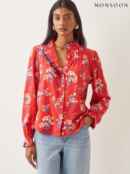 Monsoon Red Sarah Frill Floral Print 100% Cotton Shirt (F35273) | ₪226