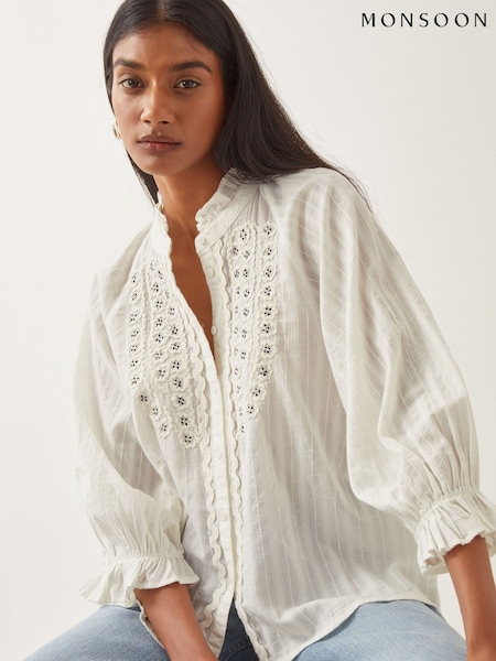Monsoon Natural Arden Embroidered 100% Cotton Blouse (F35283) | ₪297