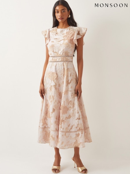 Monsoon Pink Josie Flutter Sleeve Floral Jacquard Midi Dress (F35286) | €206
