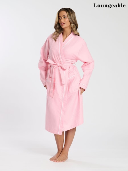 Loungeable Pink Waffle 100% Cotton Robe with Satin Piped Trim (F35337) | €58