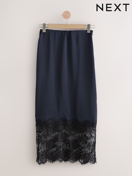 Navy Satin Midi Skirt With Lace Trim (F35340) | €38