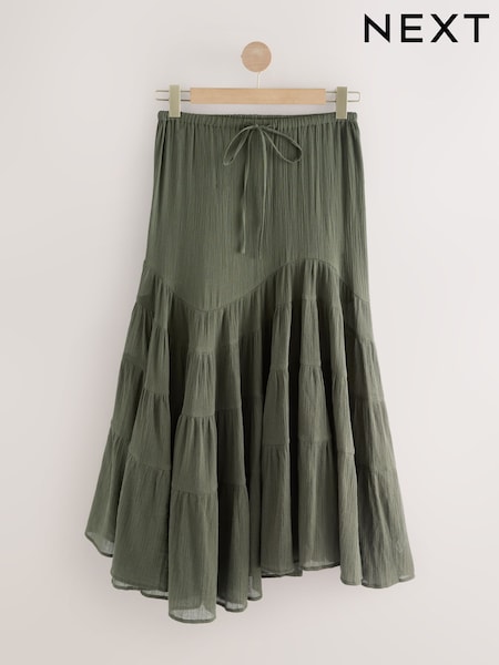 Khaki Green Boho Tiered Midi Skirt (F35374) | AED206