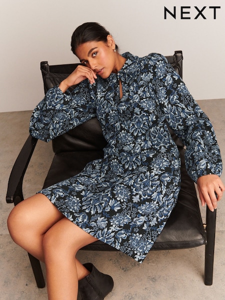 Navy Blue Floral Jersey Jacquard Long-Sleeve Mini Shirt Dress (F35428) | R$ 330