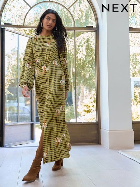 Ochre Yellow Check Long Sleeve Midi Dress (F35432) | €39