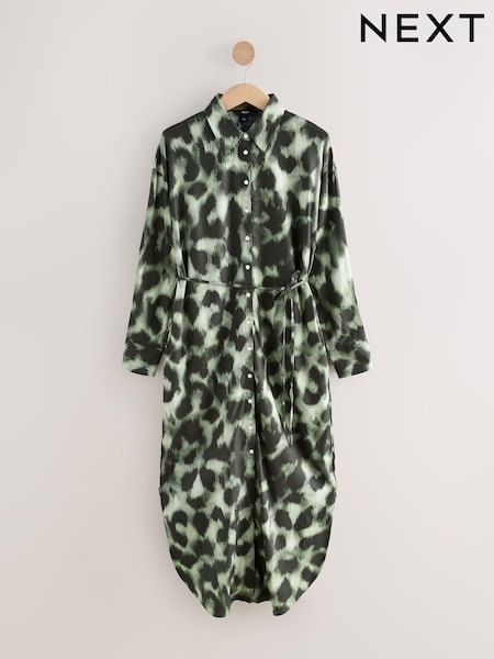 Khaki Green Leopard Print - Long Sleeve Tie Waist Shirt Dress (F35439) | R$ 365