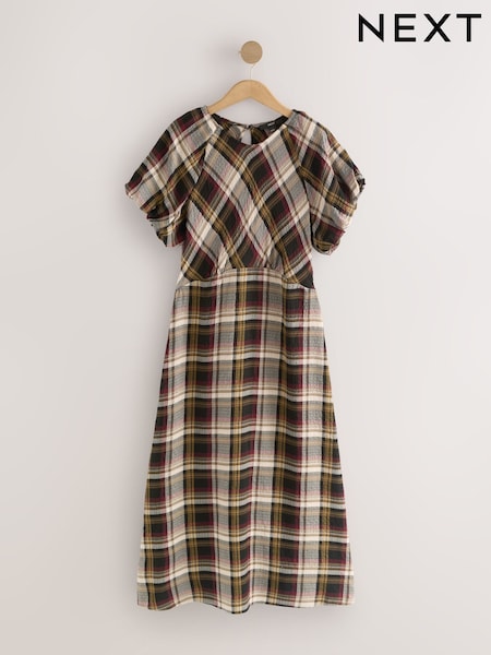 Cheque marrom - Puff Sleeve Midi Dress (F35443) | R$ 470