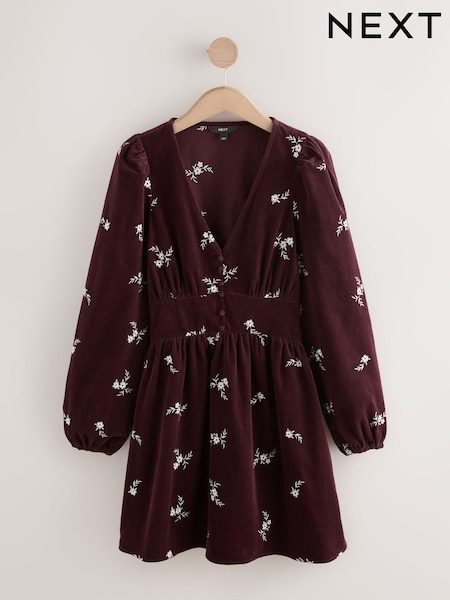 Borgonha Vermelho/Branco Floral - Mini Cord Long Sleeve Dress (F35454) | R$ 420