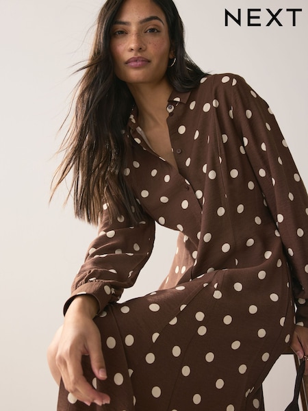 Choclate Brown & White Spot Long Sleeve Midi Shirt Dress (F35455) | €68