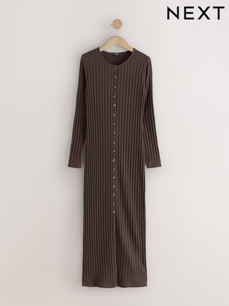 Chocolate marrom - Ribbed Long Sleeve Button Down Midi Dress (F35467) | R$ 340