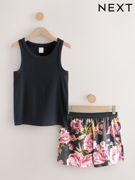 Black Floral Cotton Rib Vest Short Set Pyjamas (F35471) | €22.50