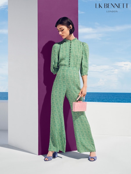 LK Bennett Green Naomi Jelly Bean & Italian Straw Viscose Swirl Print Crepe Jumpsuit (F35485) | ₪1,755