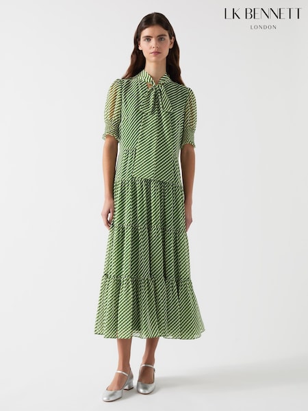 LK Bennett Green Petite Coco Treetop Birch Tie Neck Georgette Dress (F35486) | kr4 269