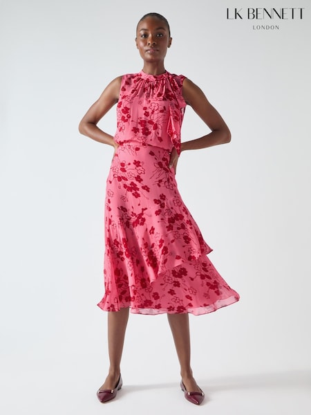 LK Bennett Pink Rhoda Desert Rose & Rio Red Viscose Wildflower Layered Tiered Skirt (F35490) | 985 QAR